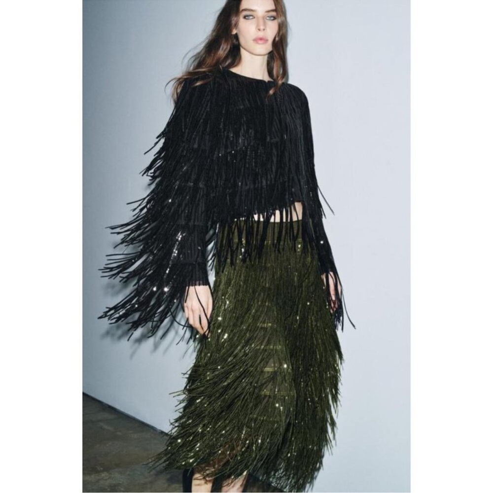 Zara Black and Olive Fringe Midi Skirt